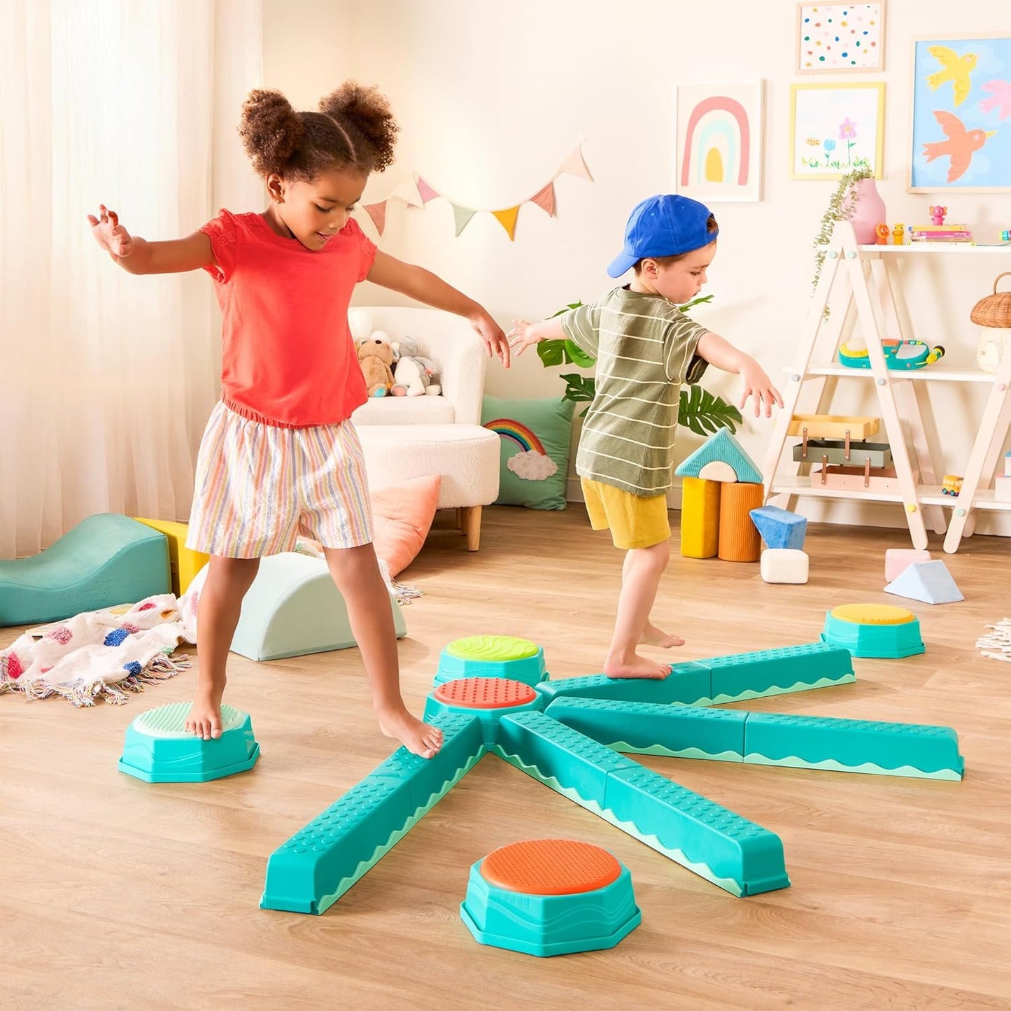 B. toys – Balance Beam for Kids – Interlocking Balancing Beams – 5 Sensory Pads & 8 Beams – Active Play for Toddlers, Kids – 3 Years + – Balance & Build Set