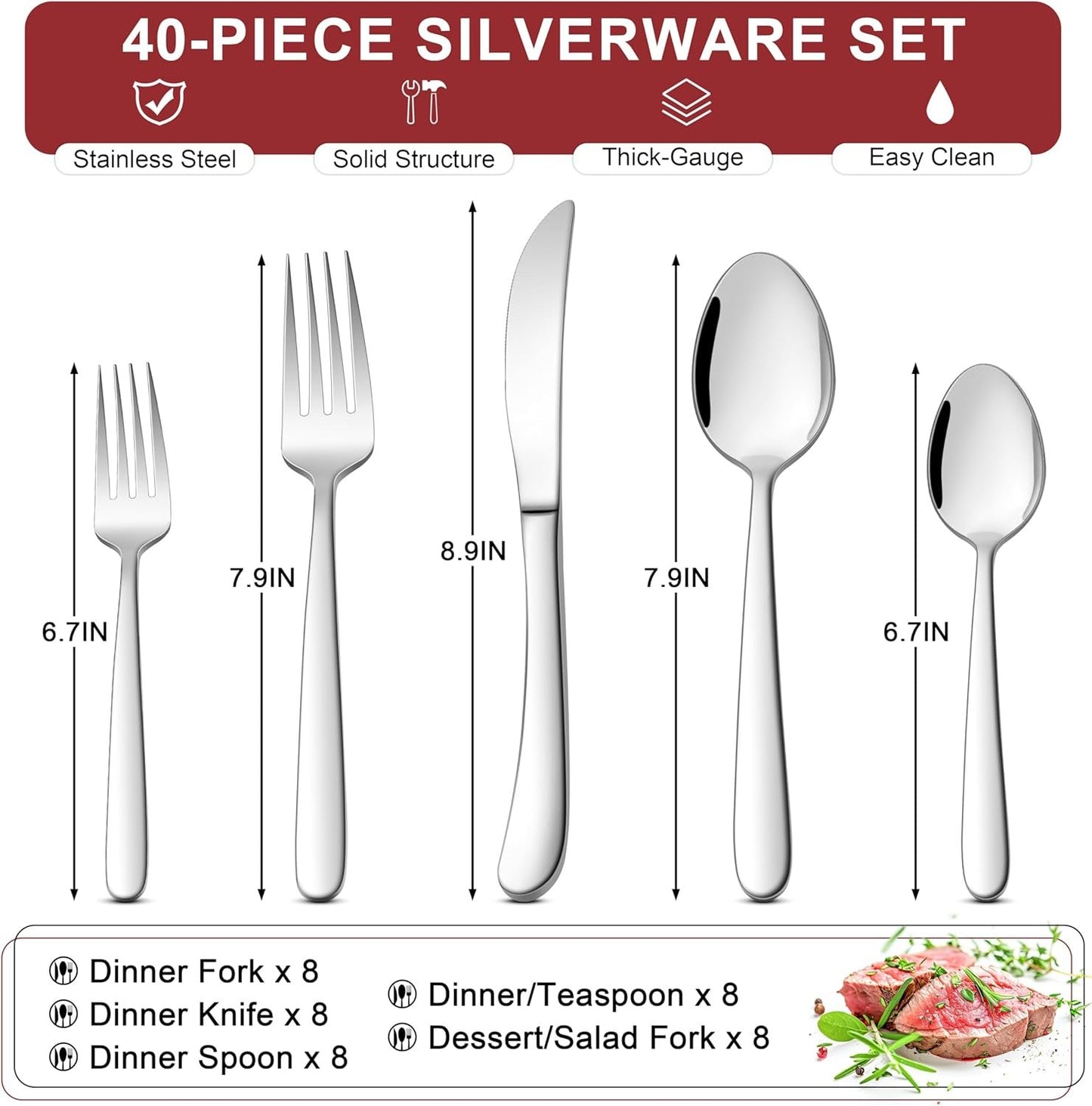 E-far Heavy Duty Silverware Set for 8, 40-Piece Stainless Steel Flatware Cutlery Set, Heavy Weight Metal Eating Utensils Sets for Home Restaurant Weddings, Mirror Polished & Dishwasher Safe