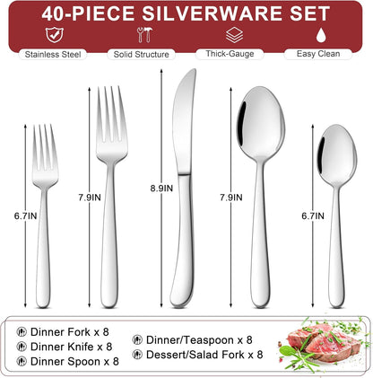 E-far Heavy Duty Silverware Set for 8, 40-Piece Stainless Steel Flatware Cutlery Set, Heavy Weight Metal Eating Utensils Sets for Home Restaurant Weddings, Mirror Polished & Dishwasher Safe