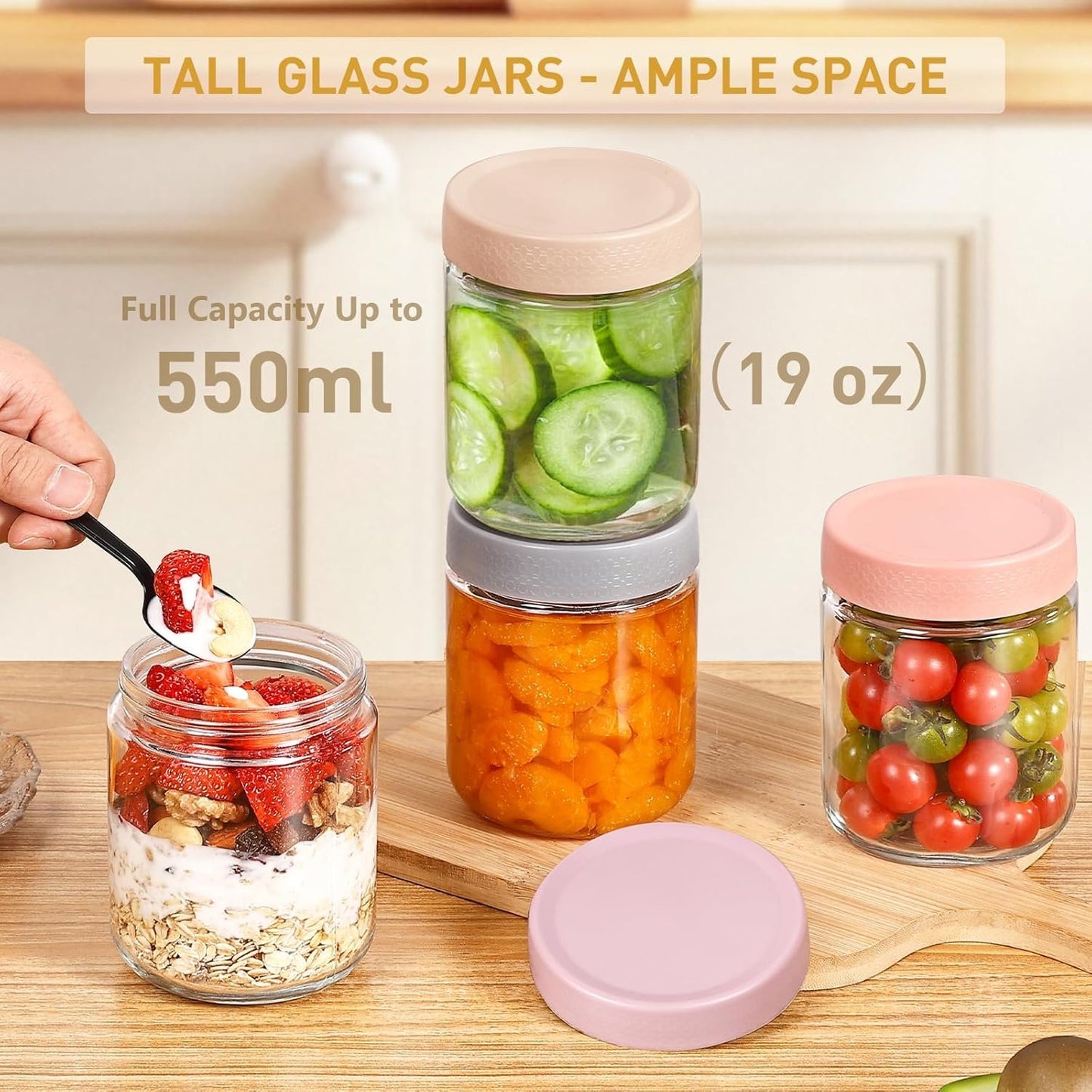 Feshory 6 Pack (550 ML/19 Oz) Overnight Oats Container Jar with Lid - Glass Food Storage Containers - Meal Prep Container for Salad, Spice, Snacks, Dressing Sauce