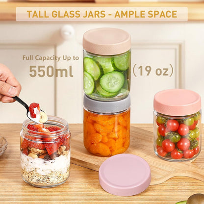 Feshory 6 Pack (550 ML/19 Oz) Overnight Oats Container Jar with Lid - Glass Food Storage Containers - Meal Prep Container for Salad, Spice, Snacks, Dressing Sauce