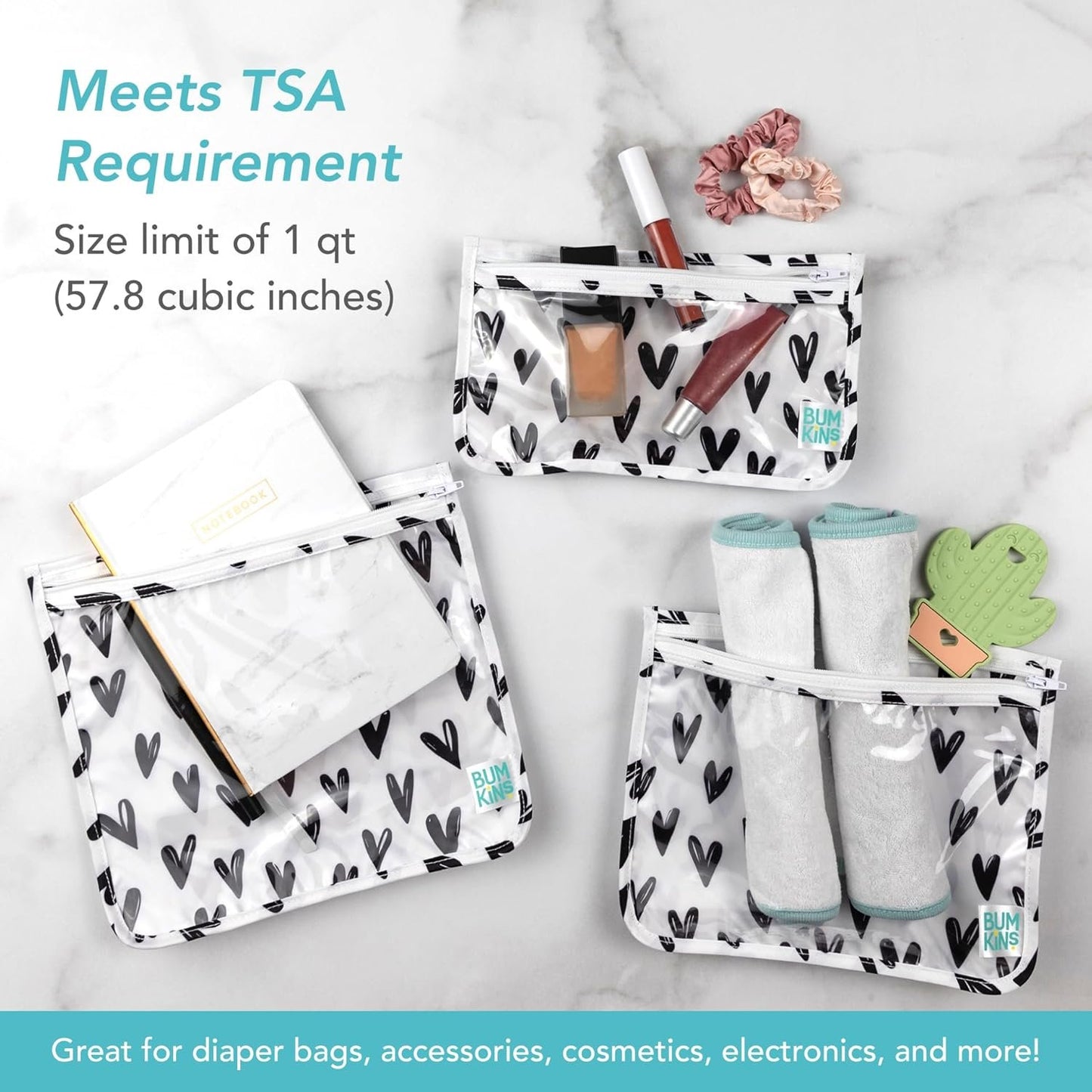 Bumkins Travel Bag, Toiletry, Baby, TSA Approved Pouch, Zip Bag, Quart Size Compliant, Clear-Sided, Diaper Bag Organization, Makeup, Accessories, Set of 3