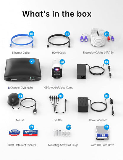 Swann 8 Channel 8 Camera 1080p Full HD Security System with 4680 1TB DVR Recorder, Wired Surveillance Bullet Cameras, Colour Night Vision, Heat & Motion Detection & Microphone | SWDVK-846808MQB