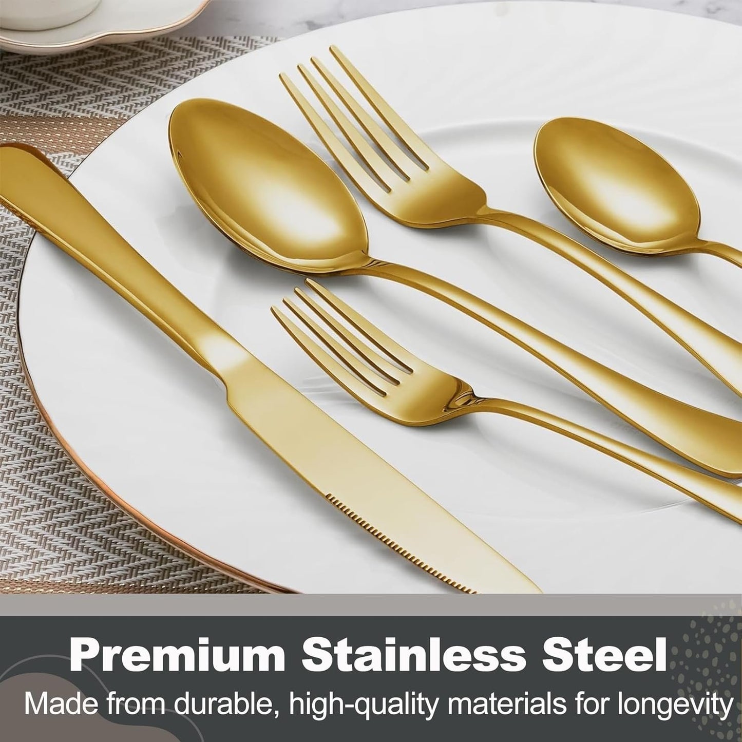 Runfly Gold Silverware Set, 40 Piece Flatware Cutlery Set for 8, Stainless Steel Silverware, Mirror Polished Cutlery Utensil Set Includes Knife Fork Spoon for Home Kitchen Restaurant