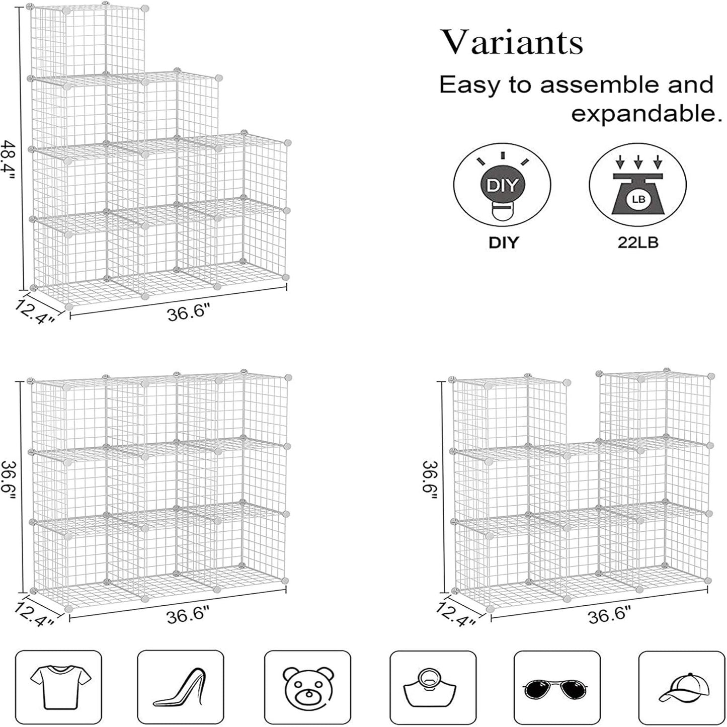 C&AHOME Wire Cube Storage, 9-Cube Storage Organizer, Metal Stackable Storage Bins, Modular Bookshelf, DIY Closet Cabinet Ideal for LivingRoom Bedroom, Home, Office 36.6”L x 12.4”W x 48.4”H White
