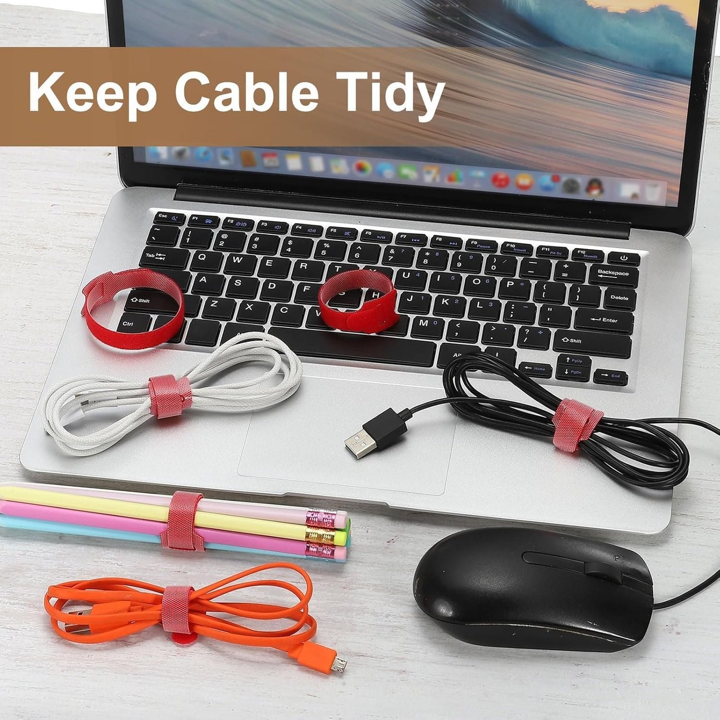uxcell 100Pcs Reusable Self-Gripping Cable Ties, 8" Hook and Loop Wire Organizers for Power Cords, Data Cables, TV/PC Wires, Chargers - Adjustable & Durable Fabric Straps(Red)
