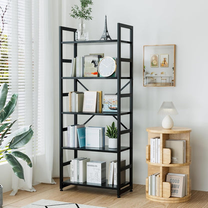 Leadiy Industrial Bookshelf,5-Tier Rustic Black Book Shelves,24”Storage Rack with Metal Frame，Standing Wood Bookcase, Display and Book Organization in Living Room,Bedroom 24 * 11.8 * 63 inch(Black