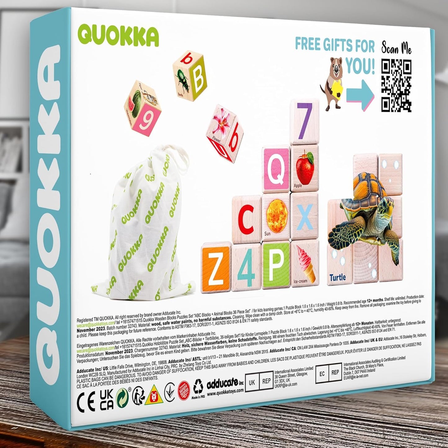 Quokka Montessori Wooden Blocks for Toddlers 1-3 - 35 Realistic ABC Learning Baby Blocks for Kids 3-5 Year Olds - Stacking Alphabet Wood Toys 2-4 yo - Learn Letters Numbers