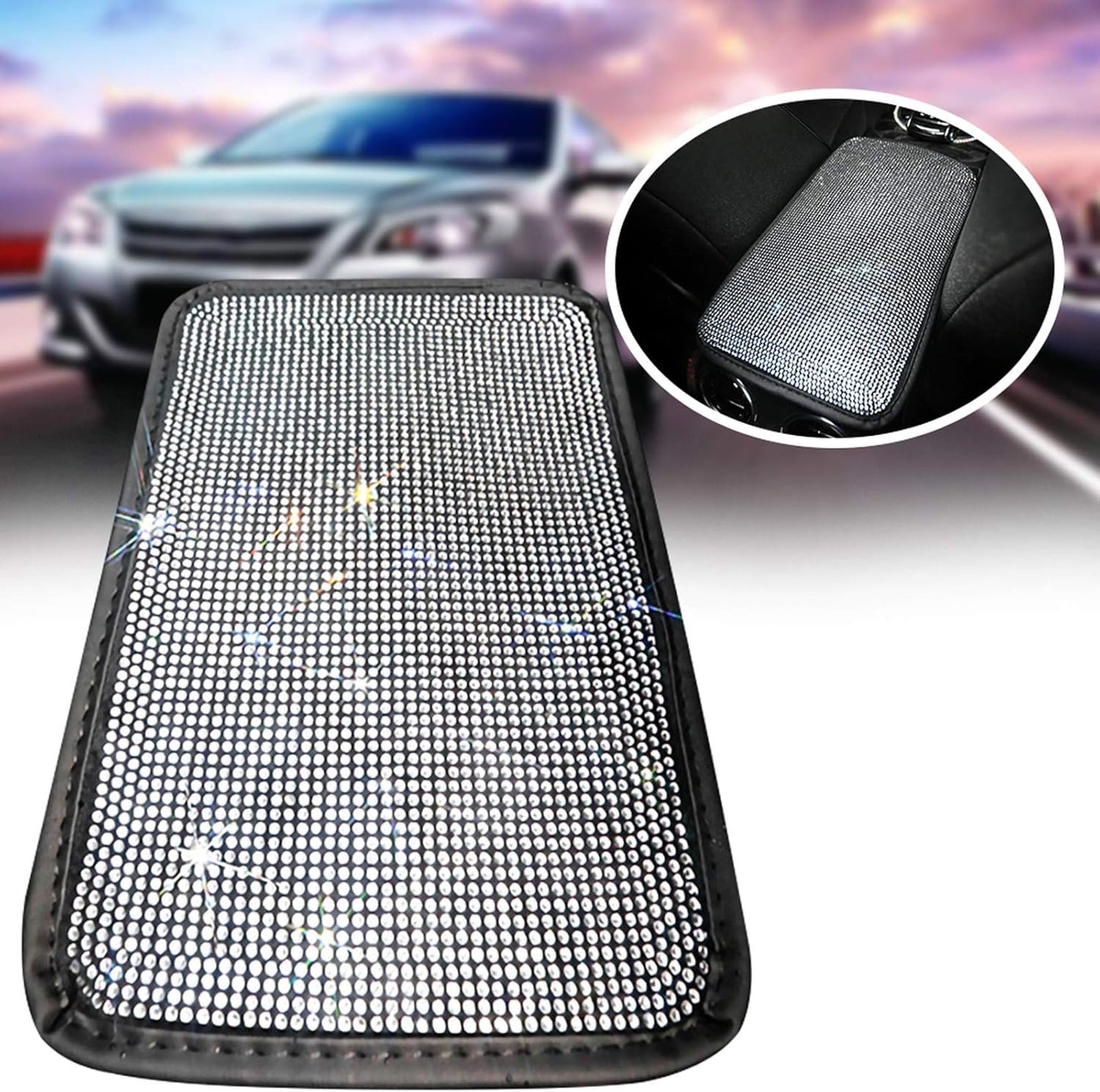SUHU Bling Car Armrest Cover Cute Charming Auto Center Console Protective Cover Luster Crystal Rhinestone Car Arm Rest Cushion Pad Bling Car Interior Accessory for Women Girl 12.2 x 8.7 Inch 3