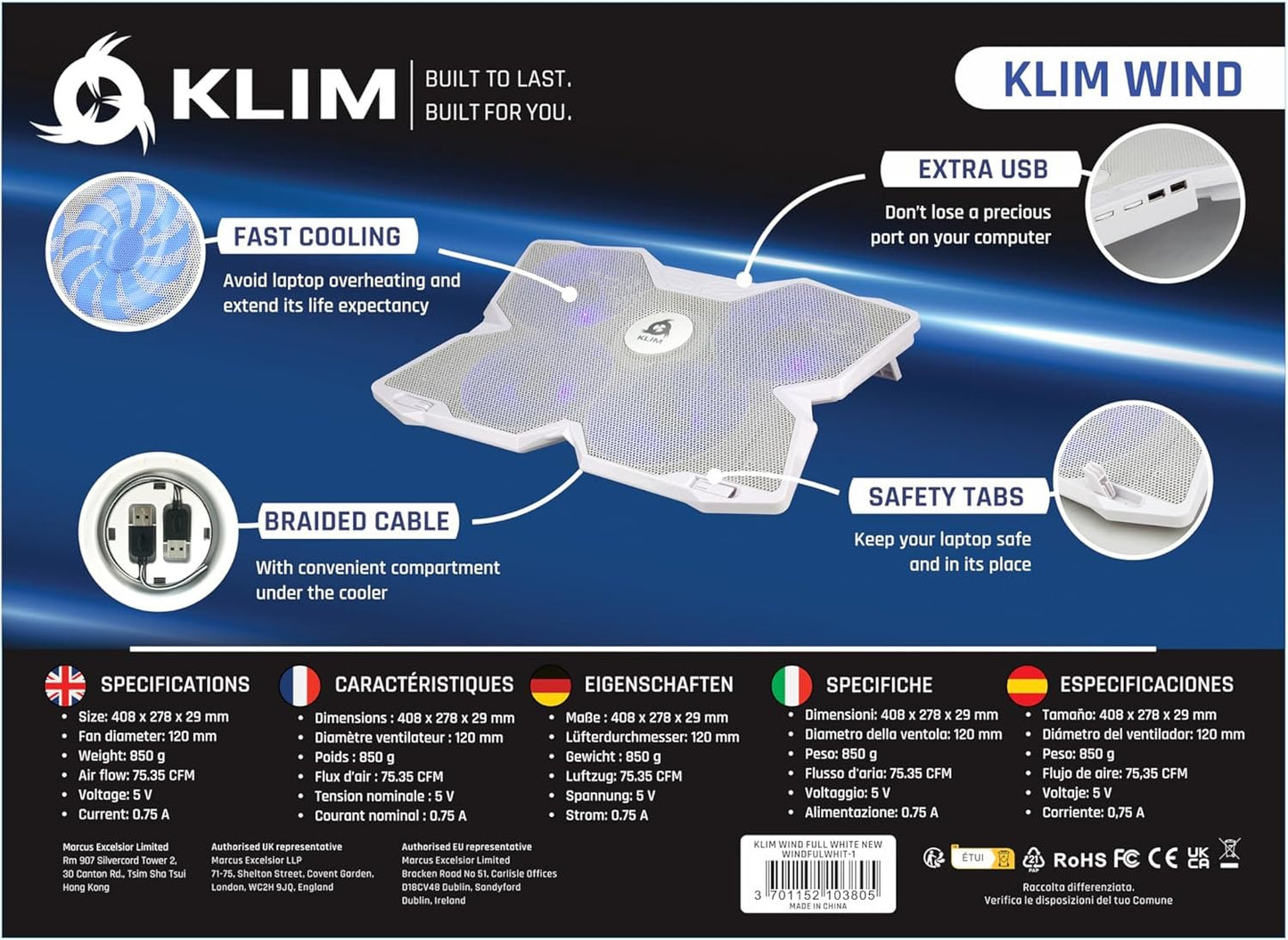 KLIM Wind Laptop Cooling Pad - More Than 500 000 Units Sold - New Version - The Most Powerful Rapid Action Cooling Fan - Laptop Stand with 4 Cooling Fans at 1200 RPM - USB Fan - PS5, PS4 - Full White