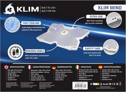 KLIM Wind Laptop Cooling Pad - More Than 500 000 Units Sold - New Version - The Most Powerful Rapid Action Cooling Fan - Laptop Stand with 4 Cooling Fans at 1200 RPM - USB Fan - PS5, PS4 - Full White