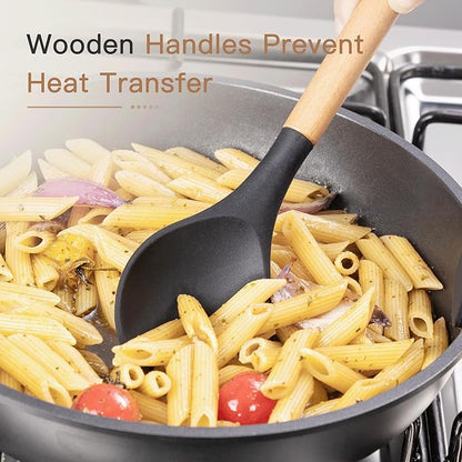 Astercook Kitchen Utensils set, 39 PCS Silicone Cooking Utensils Set with Wooden Handle, 446°F Heat Resistant Food Grade Utensil Sets, BPA Free Kitchen Gadgets Tools Set for Nonstick Cookware (Black)
