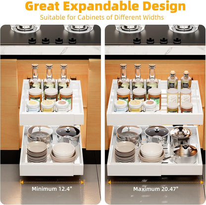 THORSES Pull Out Cabinet Organizer,Expandable(12.7"-20.5") Slide Out Drawers for Kitchen Cabinets Fixed with Adhesive Film for Pots,Pans,Heavy Duty Sliding Shelf Organizers and Storage for Bathroom