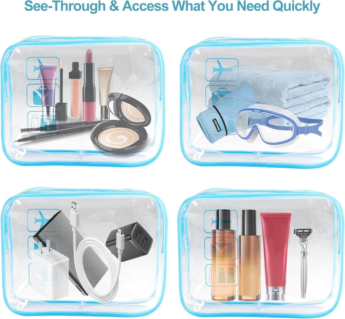 TECDW Clear Travel Toiletry Bag, 2PCS TSA Approved Airport Security Liquids Bags19.5x6cm, 1L Leakproof Clear Makeup Bags, Transparent Travel Wash Bag Holiday Essentials Luggage for Men Women (blue)