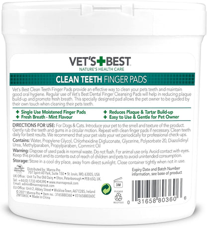 Vet's Best Teeth Care Wipes - Reduce Plaque & Freshen Breath - Dental Cleaning Wipes for Dogs and Cats - 50 Disposable Wipes