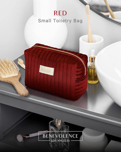 Benevolence LA Plush Velvet Small Makeup Bag for Purse | Cosmetic Pouch, Travel Toiletry Organizer for Women, Quilted Bag for Accessories - Red