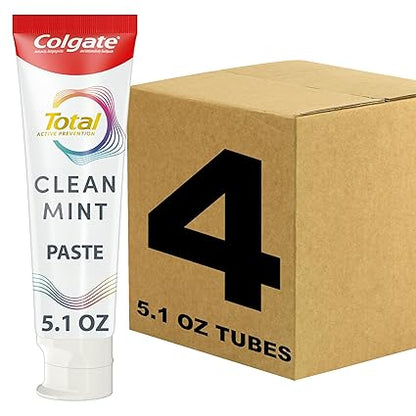 Colgate Total Clean Mint Toothpaste, 10 Benefits, No Trade-Offs, Freshens Breath, Whitens Teeth and Provides Sensitivity Relief, Clean Mint Flavor, 4 Pack, 5.1 Oz Tubes