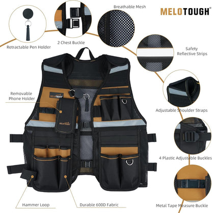 MELOTOUGH Tool Vest Reflective Safety Tool Vest with Removable Phone Holder for Electrician,Carpenter,Construction