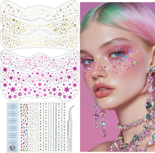 HOSAILY 6 pcs Gold+Rose Red Glitter Freckles Face Tattoo, Sparkle Face Glitter Makeup for Women, 3 pcs Gems Jewels Pearl Half Magic Stickers Fairy Mermaid Makeup for Festival Rave Party Accessories