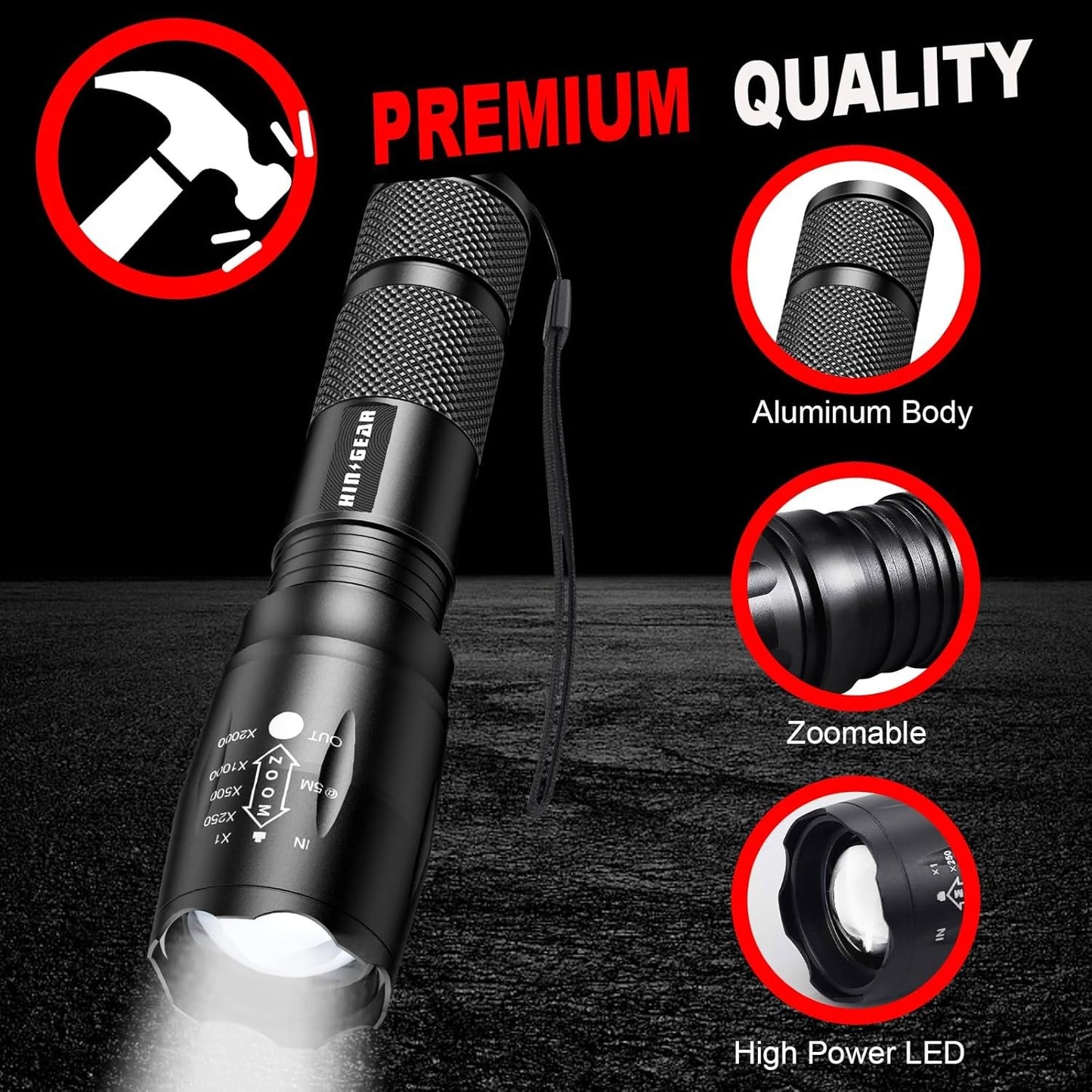 HinsGEAR 1 Mode Flashlights 4 Pack, Super Bright Zoomable LED Tactical Flashlight High Lumens, Water Resistant Portable Pocket Flash Light for Emergency, Camping, Home, and Gift - SL2000
