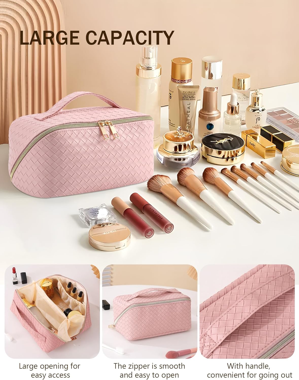 Makeup Bag Travel Toiletry Bag,Large Capacity Cosmetic Bags for Women with Handle and Divider,Large Wide-Open Pouch Waterproof Toiletry Bag for Toiletries Accessories Brushes (A-White)