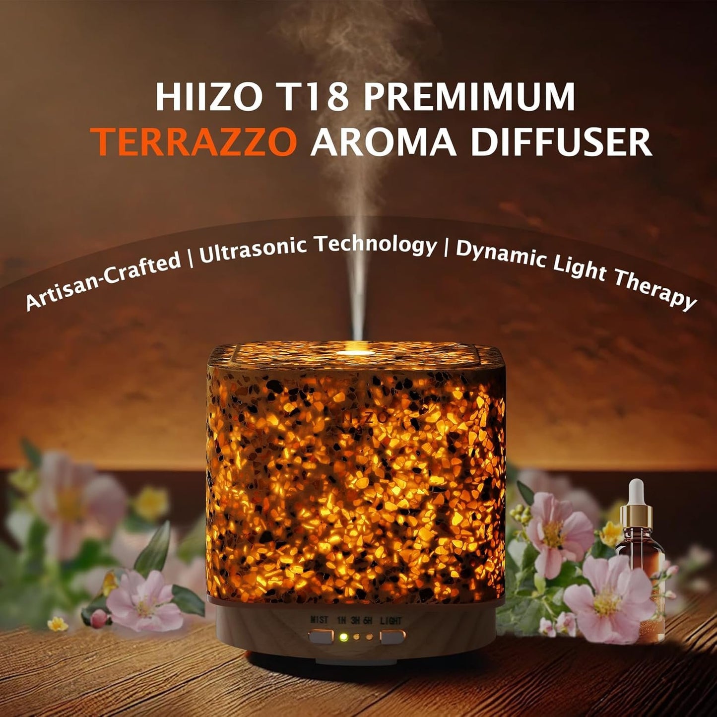 HIIZO T18 Terrazzo Aroma Diffuser – Luxury Ultrasonic Diffuser with Handcrafted Terrazzo, Stone Diffuser, LED Light Modes, 200ml Tank, Nano Mist, Auto Shut-Off, for Home Decor and Gifts