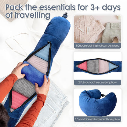 WheComd Stuffable Neck Pillow,Travel Neck Pillow Stuffable with Clothes,Travel Pillows for Airplane Train Car,Holds 3+ Days of Travel Essentials Storage Bag,Soft Velvet Neck Pillow Cover(Sea Blue)