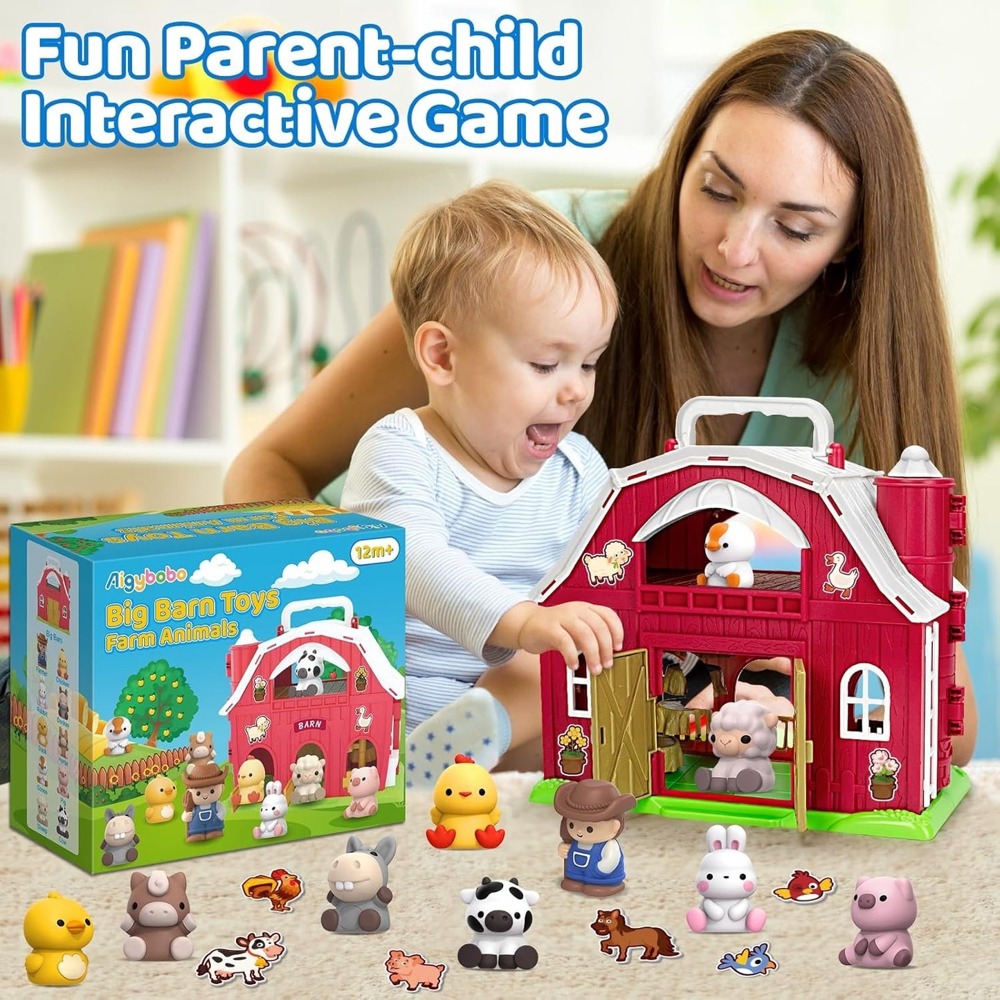 Aigybobo Farm Animals Big Barn Toys for 1 2 3 Year Old, Toddler Montessori Learning Toys, Farm Playset with Animal Figures, Christmas Birthday Toy for Toddler Baby Boys Girls Age 12-18 Months