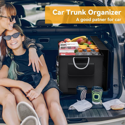 CLESOO Car Trunk Organizer Basket with Lid - Collapsible Multi Compartment Vehicle Organizer - Multiple Pockets, Multi-purpose Travel Accessory - Anti-slip Leak-proof Fits any Car, SUV, Minivan