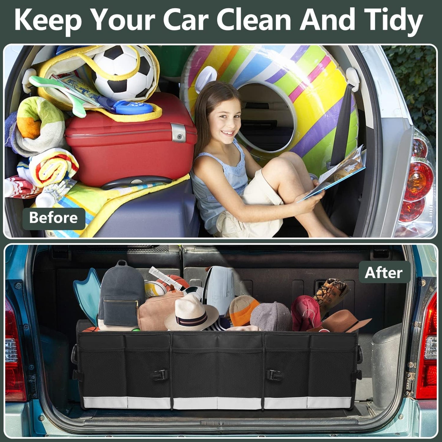 AOPHY Trunk Organizer for Car, 95L Large Capacity Storage with Non-Slip Bottom Strips and 2 Retractable Straps, Cargo Organizer for Suv, Truck, Sedan, Waterproof Portable Car Organizers for Women Men