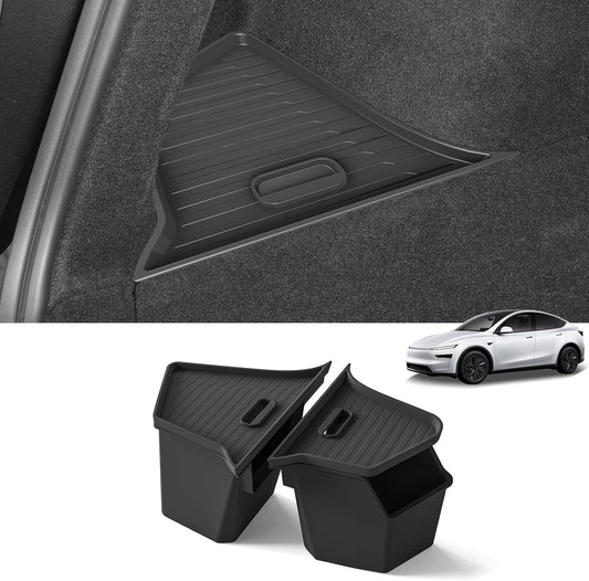 LUCKEASY 2pcs Rear Trunk Side Storage Box for Tesla Model Y Juniper 2025 Trunk Storage Organizer With Lids Car Rear Trunk Corner Storage Box Organizers TPE Black