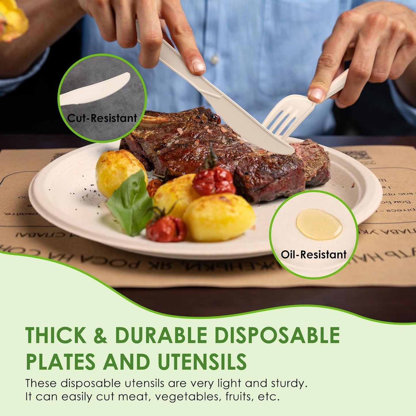 FEHHTO 400PCS Disposable Paper Plates Set, Compostable Eco-Friendly Dinnerware Set, Biodegradable Heavy-Duty Paper Plates, Utensils, Cups and Straws for Party Camping 50 People