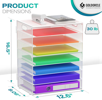 8 Tier Paper Letter Tray Organizer with Handles, Mesh Desk File Holder Storage Organization for Home School Classroom & Office (White)