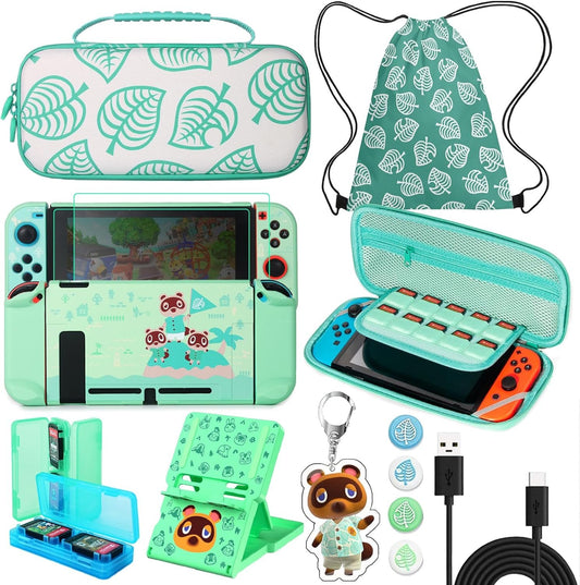 TIKOdirect Carrying Case for Nintendo Switch, Cute Portable Travel Bag Accessories with Protective Case, Screen Protectors, Stand, Game Card Case and Thumb Grip caps[Keychain Gift], Green AC