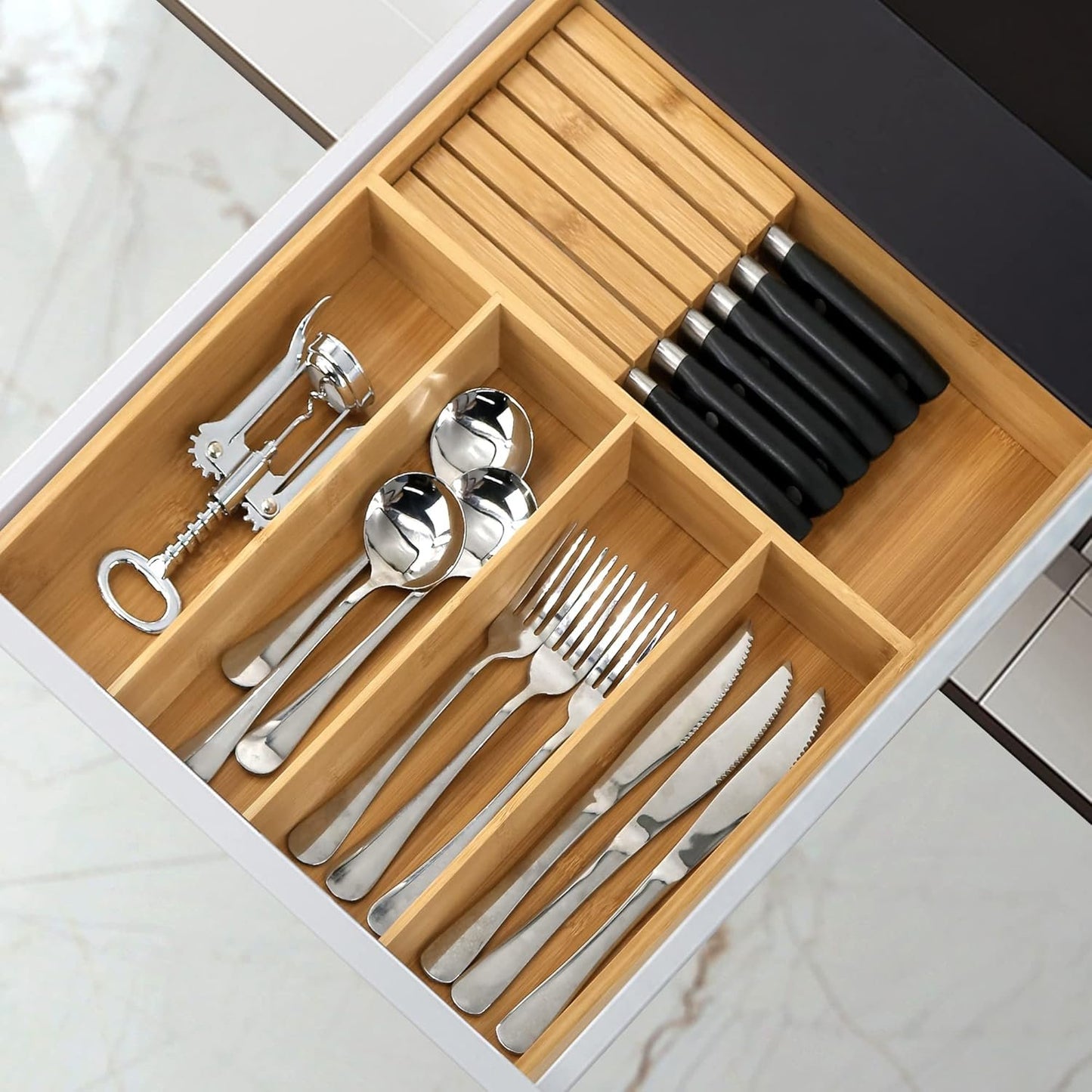 VaeFae Bamboo Cutlery Organizer, Utensil Holder for Drawer, Wooden Cutlery Tray with Divider for Kitchen, Flatware Storage with Removable Knife Block