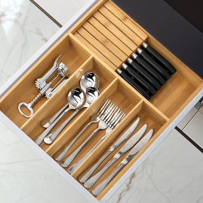 VaeFae Bamboo Cutlery Organizer, Utensil Holder for Drawer, Wooden Cutlery Tray with Divider for Kitchen, Flatware Storage with Removable Knife Block