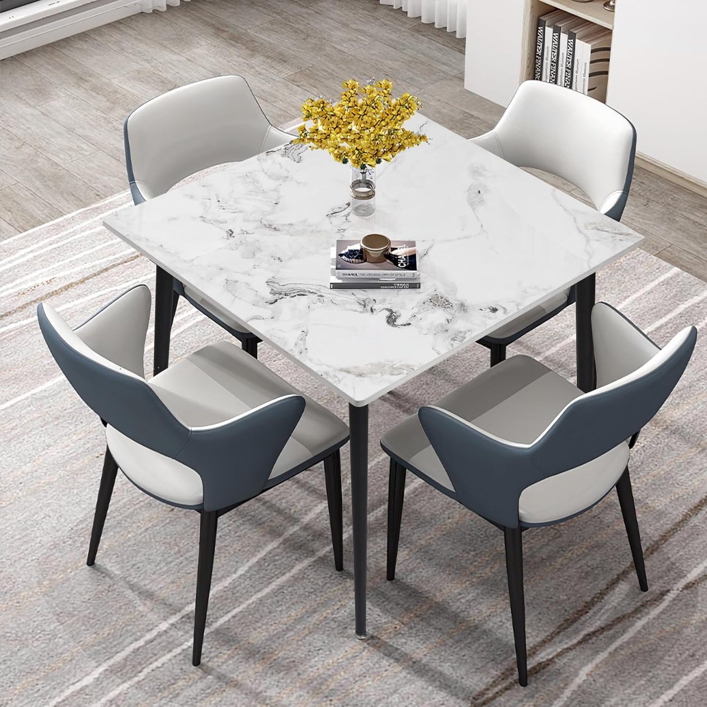 Kitchen Dining Table Square 32 Inch: Modern Sintered Stone Marble Effect Table Top with Tapered Metal Legs 4-Seat Breakfast Table for Dining Room, Restaurant, Living Room Furniture, 32 x 32 x 30 Inch