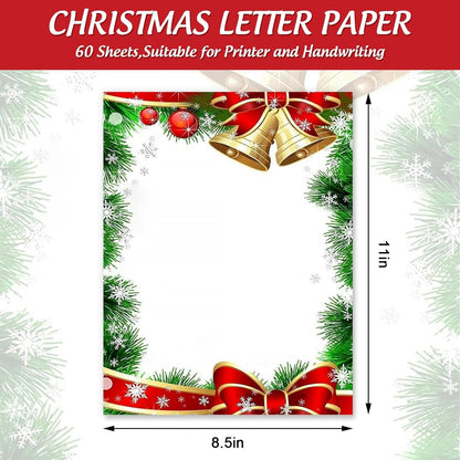 AnyDesign 60Pcs Christmas Stationery Paper Xmas Bell Design Border Letterhead Decorative Letter Writing Paper for Notes Greeting Cards Invitation Office School Printing, 8.5 x 11 Inch