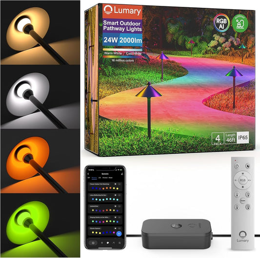 Lumary Smart Low Voltage Pathway Lights, 4 Pack Landscape Path Lights with RGBAI Color Changing, IP65 Waterproof Outdoor Lighting for Yard Driveway, App/Voice/Remote Control, Black