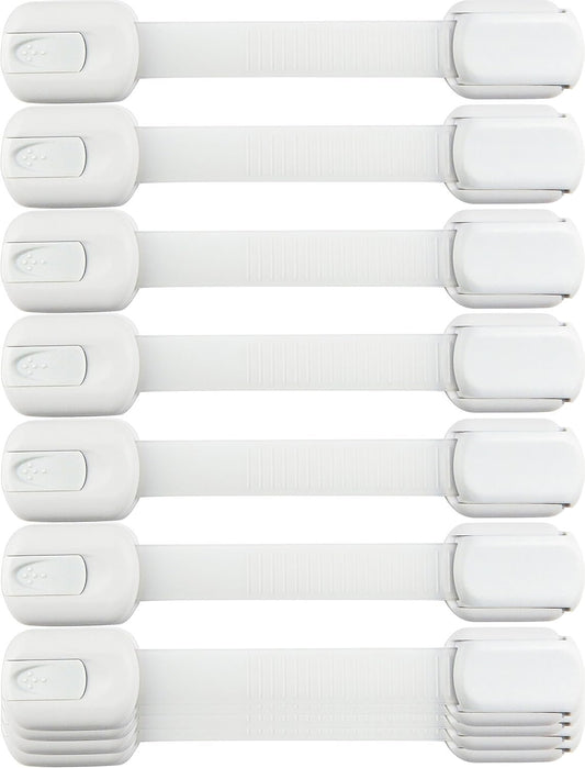 Child Safety Locks -VALUE PACK (10 Straps)- No Tools or Drilling -Adjustable Size/Flexible -Adhesive Furniture Latches For Cabinets, Drawers, Appliances, Toilet Seat, Fridge, Oven & More (White/White)