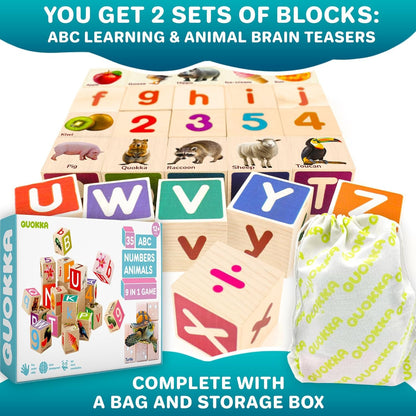 Quokka Montessori Wooden Blocks for Toddlers 1-3 - 35 Realistic ABC Learning Baby Blocks for Kids 3-5 Year Olds - Stacking Alphabet Wood Toys 2-4 yo - Learn Letters Numbers
