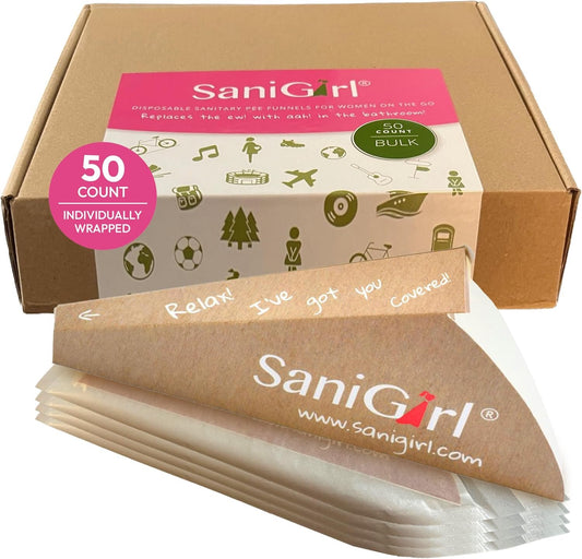 SaniGirl Travel Urinal for Women | Female Urination Device Disposable | Feminine Hygiene Products to Pee Standing Up | Travel Toiletries Camping and Festival Essentials (50 Count Individually Wrapped)