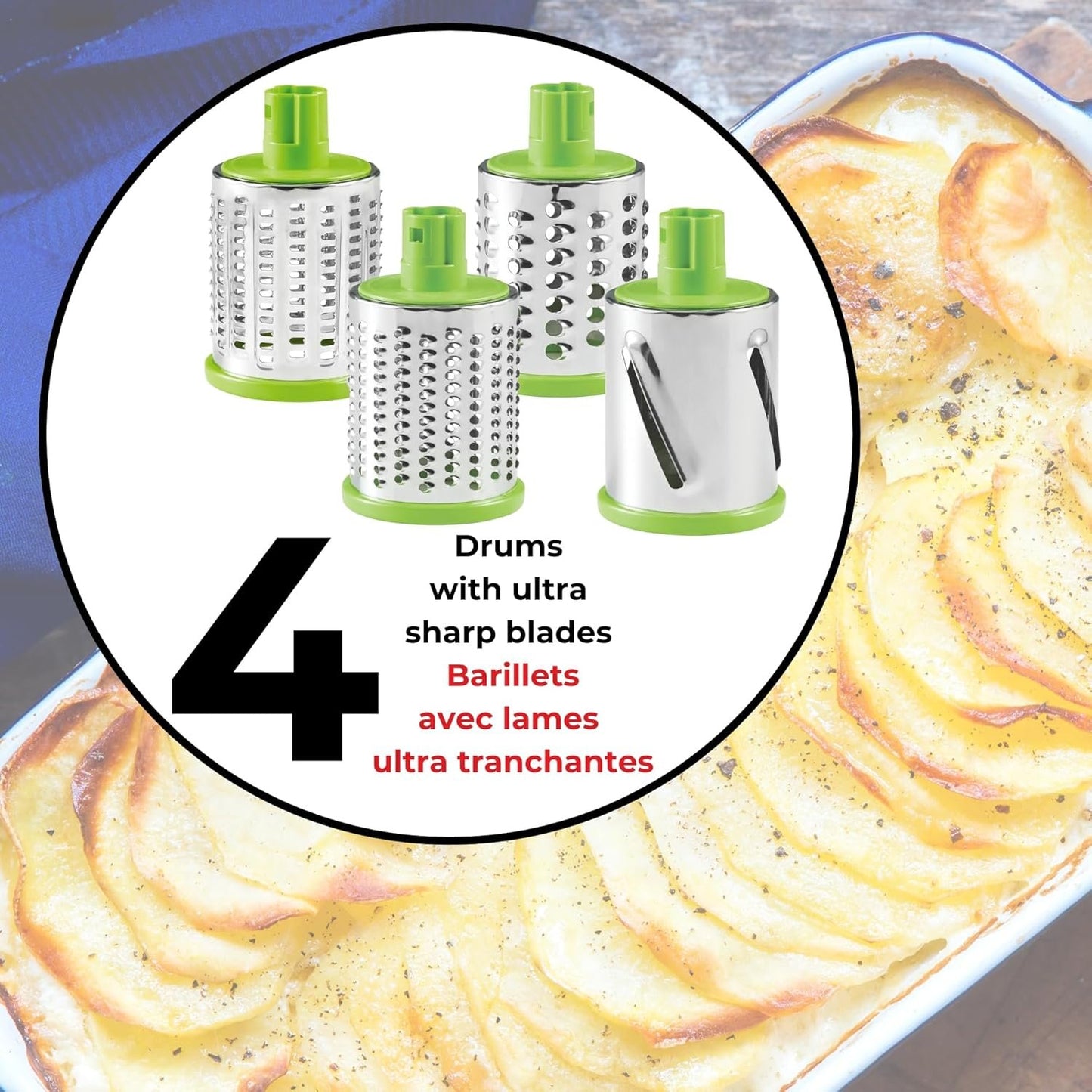 Starfrit Rotary Drum Grater - 4 Interchangeable Stainless Steel Drums - Slicing, Coarse and Fine Grating, Ice Shaving - Great for Vegetables, Cheese, Nuts, Chocolate
