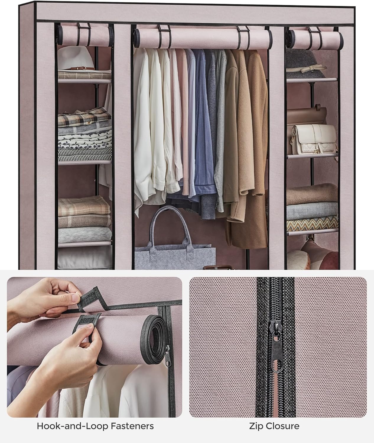 SONGMICS Closet Wardrobe, Portable Closet for Bedroom, Clothes Rail with Non-Woven Fabric Cover, Clothes Storage Organizer, 59 x 17.7 x 69 Inches, 12 Compartments, Dusty Pink ULSF003P02