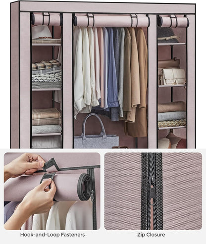SONGMICS Closet Wardrobe, Portable Closet for Bedroom, Clothes Rail with Non-Woven Fabric Cover, Clothes Storage Organizer, 59 x 17.7 x 69 Inches, 12 Compartments, Dusty Pink ULSF003P02