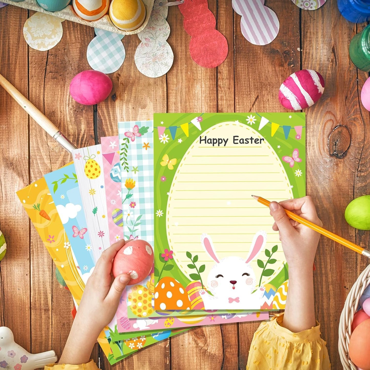 GLKTOPO 60 Sheets Easter Stationery Paper, 8.5" x 11" Double Sided Holiday Letterhead, Multicolor Bunny Egg Pattern Writing Paper for Notes Cards Invitation Scrapbook Crafts to Do List - 6 Design