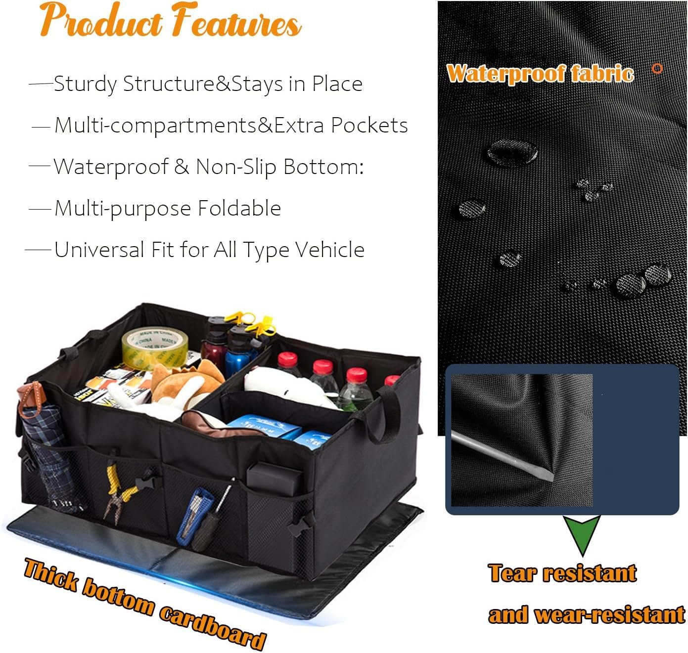 Car Trunk Organizer Foldable Vehicle Storage Box for Camping and Daily Use Multi Compartment Rear Seat Cargo Box with Handles SUV or Trunk Storage for Car Accessories