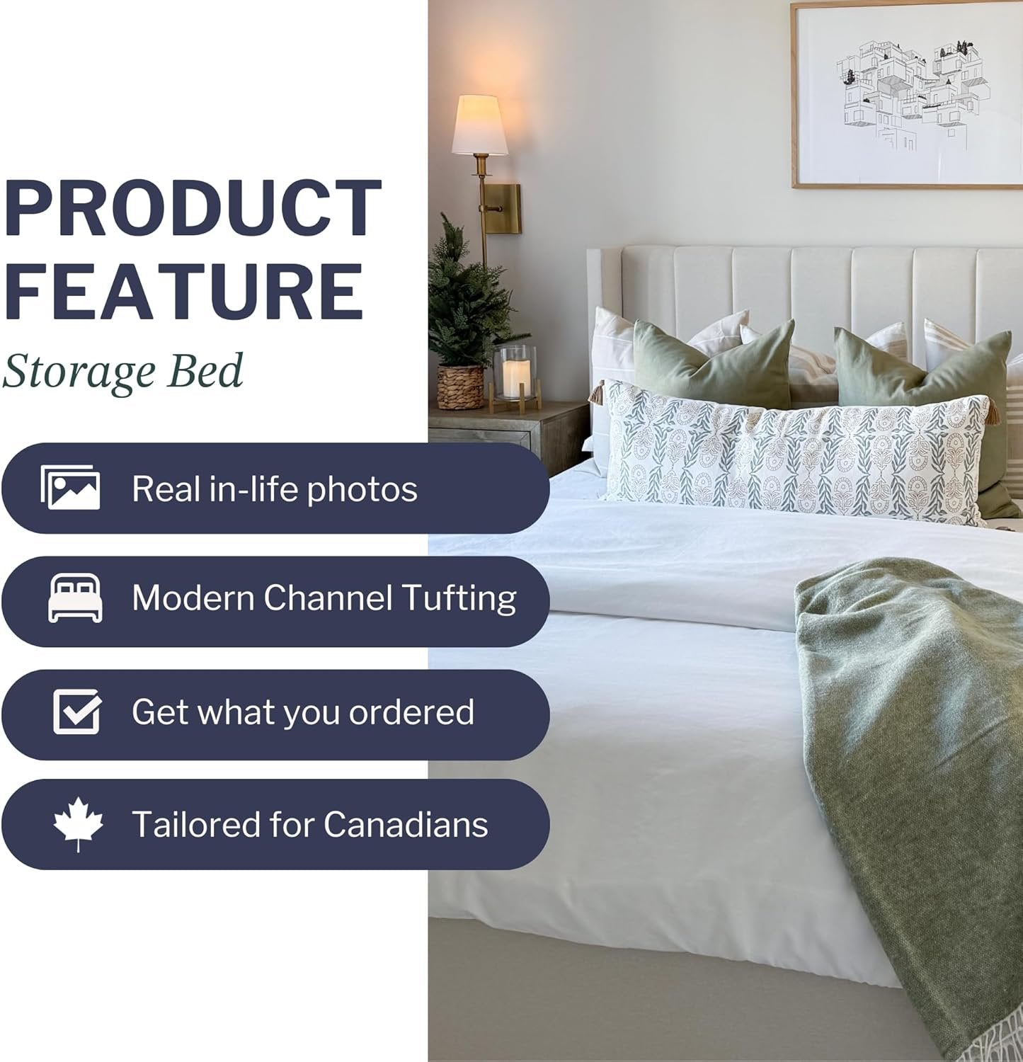 Modern Cream King Size Bed Frame with Storage, Foam Filled Fabric, Modern Wingback Design Bed, Metal Bed Frame with High Headboard, Wood Slat Support, No Box Spring Required (Cream, King Bed)