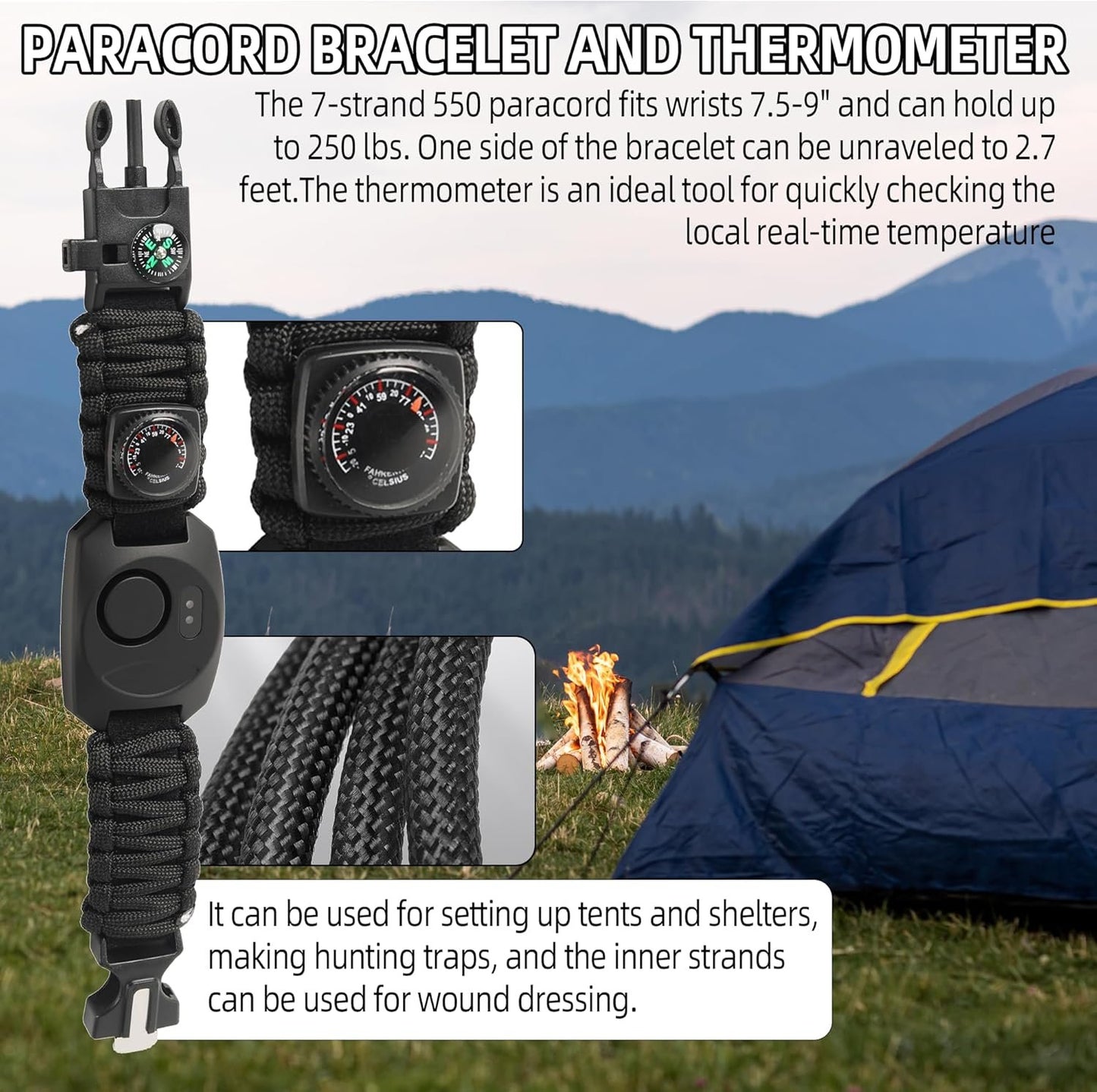 Calvana 8 in 1 Bear Deterrent Devices,Tactical Paracord Rope Bracelets Kit with SOS LED Light,Compass and Fire Starter,Magnesium Fire Starter,Emergency Whistle, Camping and Hiking Survival Tool