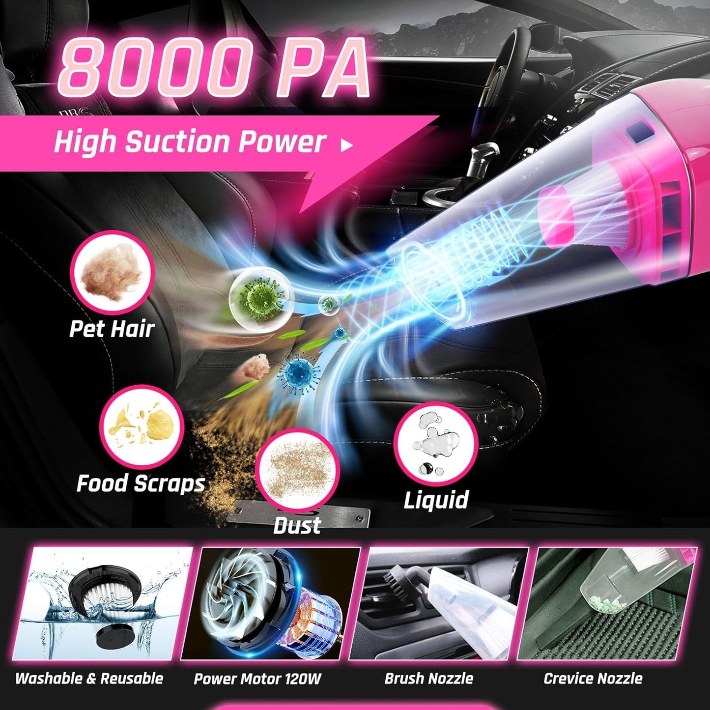 47PCS Car Detailing Kit Interior Cleaner, Car Cleaning Supplies with High Power Car Vacuum Cleaner,Auto Detailing Kit,Car Wash Kit with Bucket Detailing Brush Set,Pink Car Accessories for Women